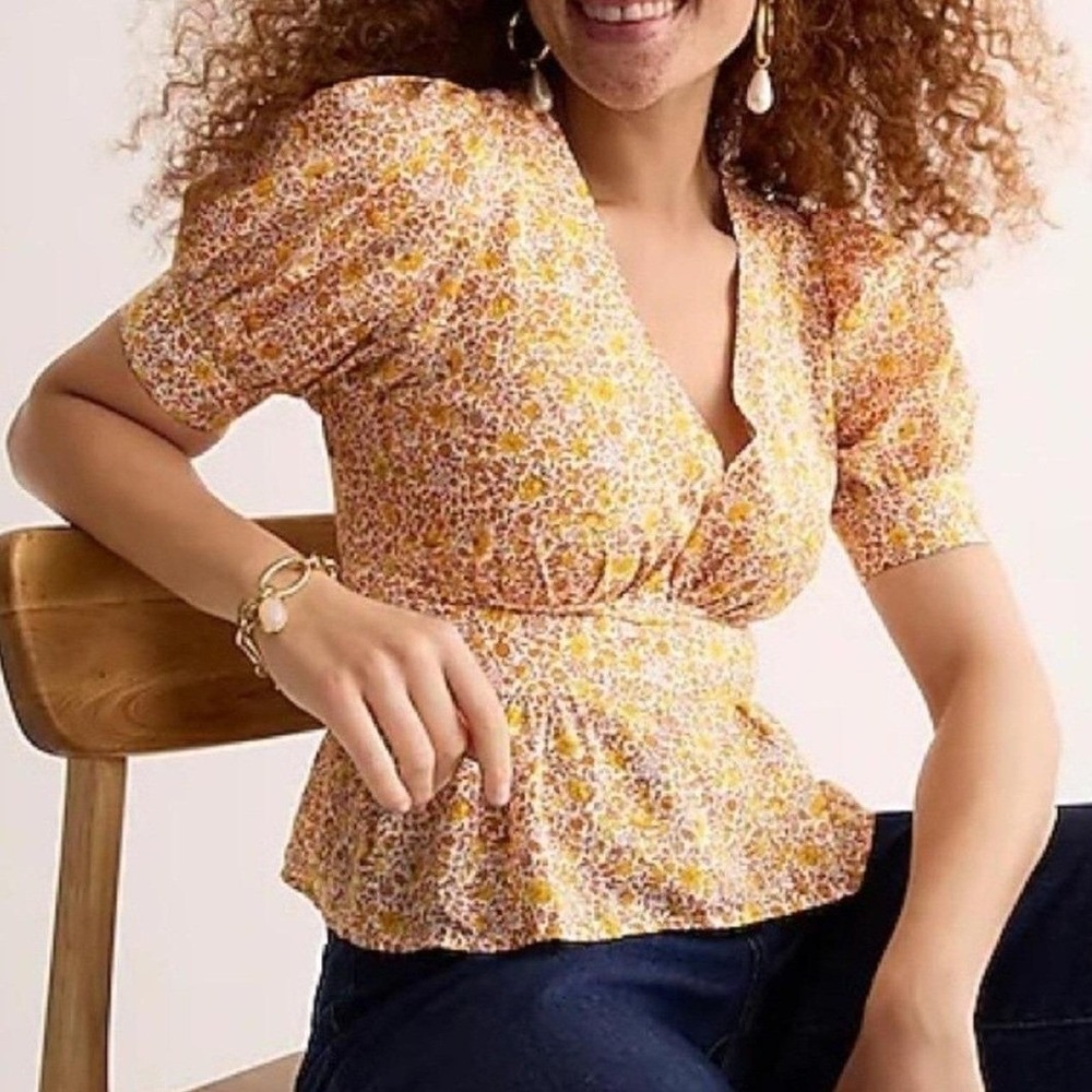 J. Crew NWT Womens Yellow Floral Puff Sleeve Peplum V-Neck Top BL086 Size 10